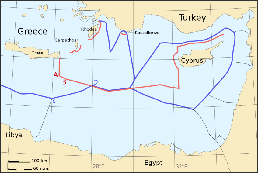 En bleu, les eaux territoriales revendiquées par Athènes et Nicosie ; en rouge, les eaux territoriales revendiquées par Ankara.